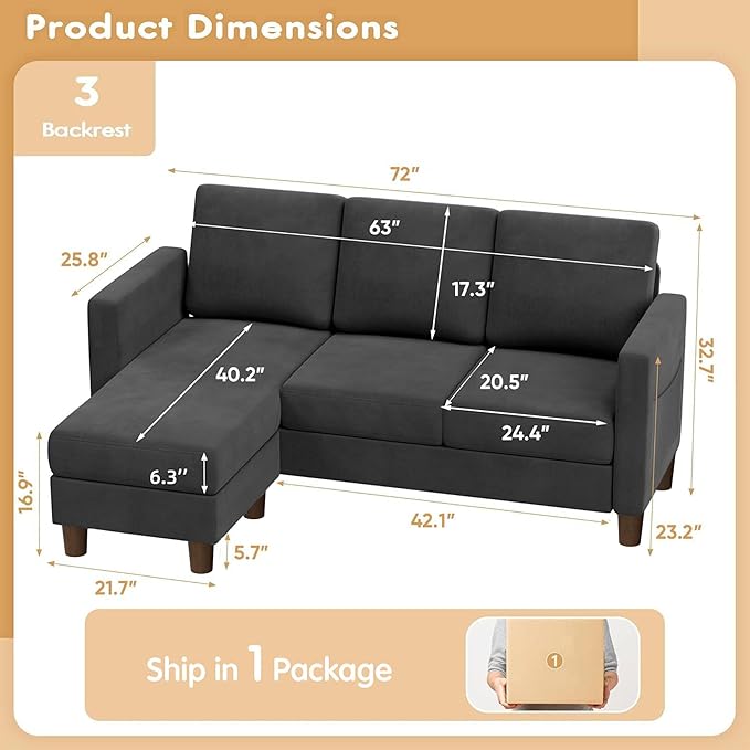 VICTONE Convertible Sectional Sofa Couch, 3 Seat L-Shaped Sofa with Linen Fabric Ottoman Small Couch for Small Apartments, Living Room and Office (Linen Fabric, Dark Gray)