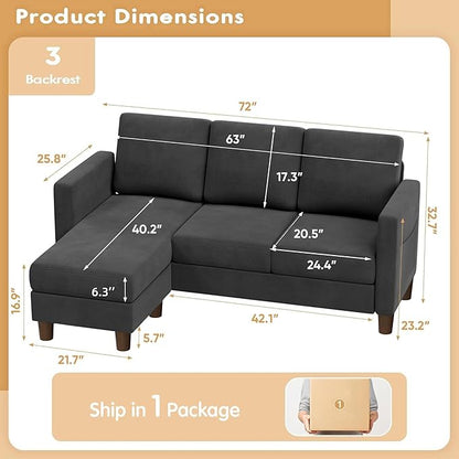 VICTONE Convertible Sectional Sofa Couch, 3 Seat L-Shaped Sofa with Linen Fabric Ottoman Small Couch for Small Apartments, Living Room and Office (Linen Fabric, Dark Gray)