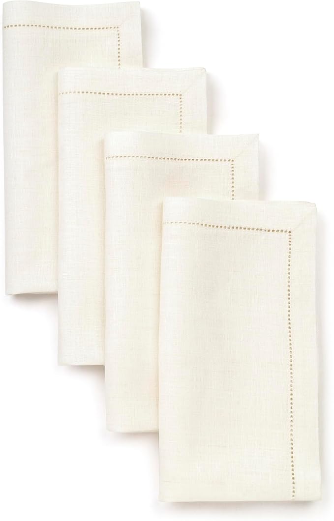 D'Moksha Homes Ivory Linen Napkins Set of 4 - Classic Hemstitch 100% Pure Linen Hemstitch Dinner Napkins 20 x 20 Inch for Winter, Christmas, Holiday - Handcrafted and Machine Washable