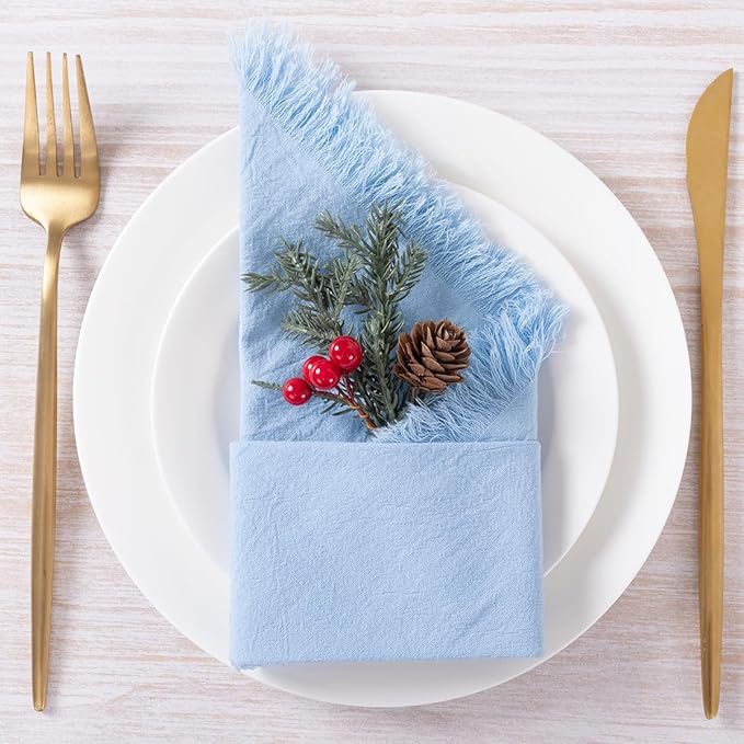 12 Pack Baby Blue Cotton Linen Napkins with Fringe Christmas Cloth Napkins Set of 12 Boho Handmade Holiday Napkins Bulk for Wedding Baby Boy Shower Parties, 17 x 17 Inches