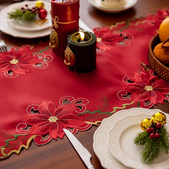 Joyfol Day Christmas Embroidered Red Table Runner 14 x 59 Inch, Cutwork Poinsettia Holly Leaves Acorns Table Runners, for Xmas Holiday Winter Festival Kitchen Dining Tabletop Decoration