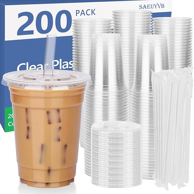 SAEUYVB 200 Pack - 16 oz Clear Plastic Cups with Lids and Straws,Disposable Iced Coffee Cups with Lids for Smoothie,Milkshake,Cold Drinks,Sturdy&Food Safe Disposable Clear Plastic Cups