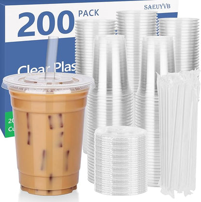 SAEUYVB 200 Pack - 16 oz Clear Plastic Cups with Lids and Straws,Disposable Iced Coffee Cups with Lids for Smoothie,Milkshake,Cold Drinks,Sturdy&Food Safe Disposable Clear Plastic Cups