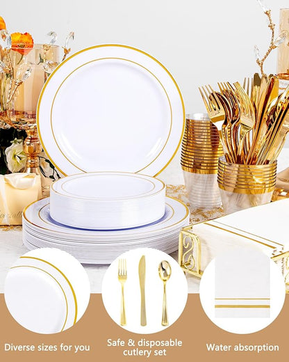 GATHER 350PCS Gold Plastic Plates - White and Gold Disposable Plastic Dinnerware Set Include 50 Dinner Plates, 50 Dessert Plate, 150 Silverware, 50 Napkins, 50 Cups for Party & Wedding & Christmas