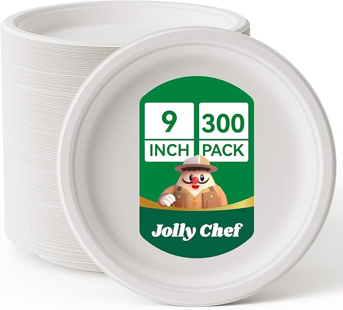 JOLLY CHEF Compostable Heavy Duty Plates 9 Inch [300 Pack] Eco-Friendly Disposable Natural Paper Plates Bagasse Biodegradable Bulk for Party Dinner Sugarcane Fibers Lunch Christmas (White)