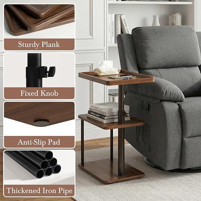 C Table End Table Adjustable Height, 360°Swivel TV Tray Table for Small Spaces, Small Nightstand for Living Room, Bedroom, Walunt