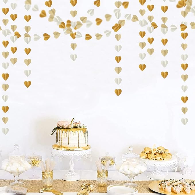 White-Gold Champagne Gold 3D-Heart Garland - 39Ft Christmas Wedding Engagement Hanging Decoration Streamers Banner,Bachelorette Neutral Baby Bridal Shower Valentines Party Decor Ouruola