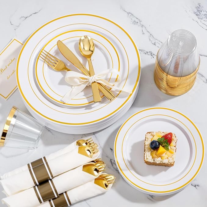 WELLIFE 350Pcs Gold Plastic Plates for 50 Guests - Plastic Dinnerware Set, Includes 100 Party Plates,150 Gold Silverware Disposable,50 Napkins,50 Cups,Disposable Plates for Party and Christmas