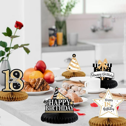 Happy 18th Birthday Decorations,18th Birthday Gold Glitter Shiny Stand Honeycomb Table Centerpieces - Cheers to Eighteen Years Old Birthday Party Photoprop Gift Sign.
