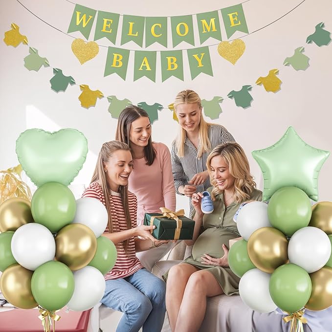 Sage Green Baby Shower Decorations Olive Green Gold White Oh Welcome Baby Balloon Set with Star Heart Foil Balloons Shower Bunting Banner Bodysuit Garland Neutral Gender Reveal Party for Boys Girls
