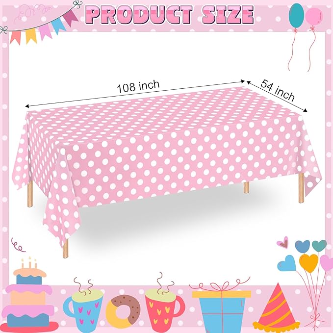 WNINK 2 Pack Light Pink and White Polka Dot Tablecloths, Pink Disposable Plastic Table Cover for Birthday, Wedding, Bachelor, Pink Girl Party, and Picnic Camping Parties 54" x 108"