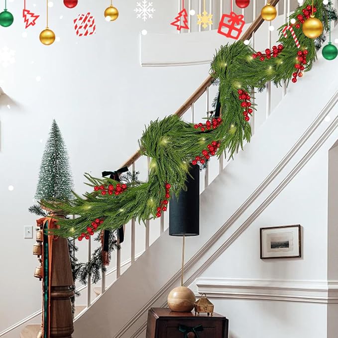 6FT Pre-Lit Christmas Garland with Mini Christmas Tree, Artificial Christmas Green Rattan Pine Cypress Garland, Seasonal Garland for Mantle Stairs Table Fireplace Xmas Decoration