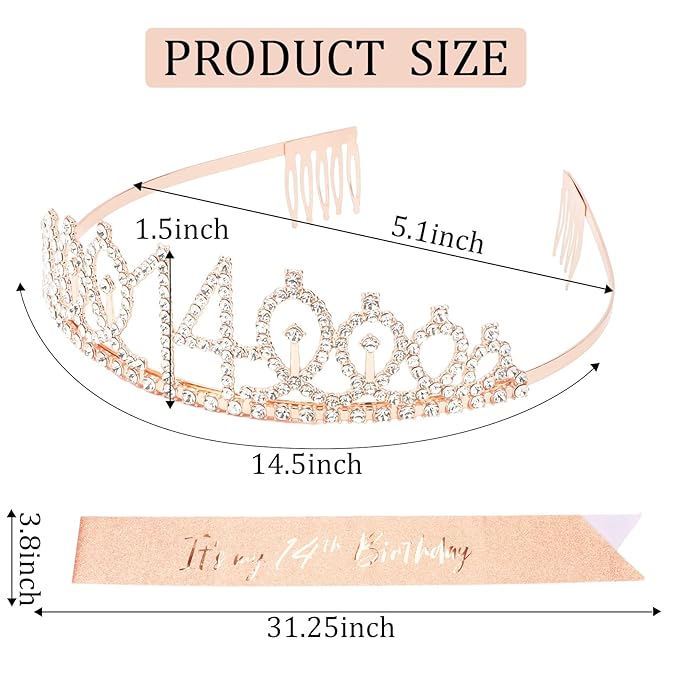 CIEHER 14th Birthday Crown and Sash for Girls, It's My 14 Bday Sash, 14th Birthday Decorations Rose Gold