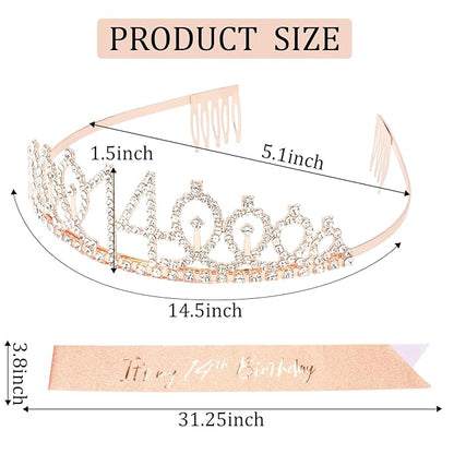 CIEHER 14th Birthday Crown and Sash for Girls, It's My 14 Bday Sash, 14th Birthday Decorations Rose Gold