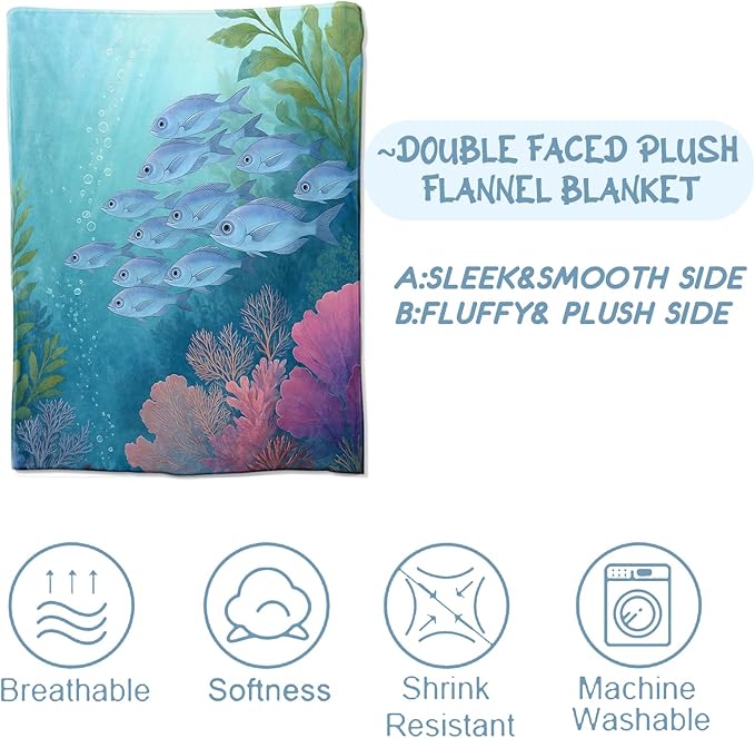 Ocean Fish Blanket,Colorful Coral Reef Blankts,Gifts for Sea Lovers Teens Kids,Beach House Bedroom Cabin Picnic Travel Coastal Decor,Nautical Soft Cozy Lightweight Flannel Throw,50"x60"