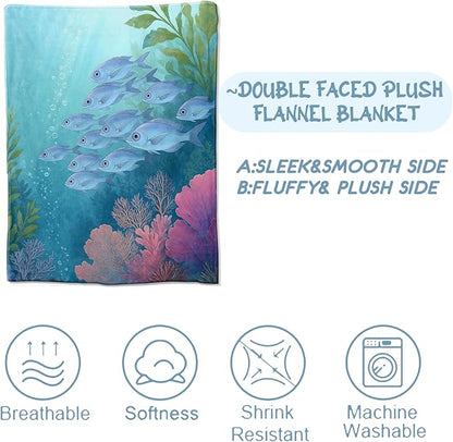 Ocean Fish Blanket,Colorful Coral Reef Blankts,Gifts for Sea Lovers Teens Kids,Beach House Bedroom Cabin Picnic Travel Coastal Decor,Nautical Soft Cozy Lightweight Flannel Throw,50"x60"