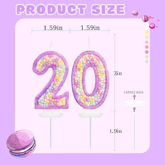Purple Birthday Candles - Number 20 Candle, Colorful Macaron Candles, 20 Birthday Decorations for Girls, Purple Cake Decorations, Theme Party Supplies