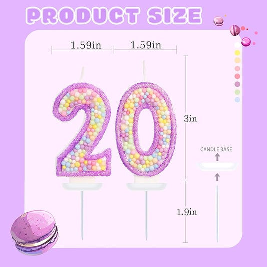 Purple Birthday Candles - Number 20 Candle, Colorful Macaron Candles, 20 Birthday Decorations for Girls, Purple Cake Decorations, Theme Party Supplies