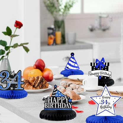 Happy 34th Birthday Decorations,34th Bday Blue Glitter Shiny Stand Honeycomb Table Centerpieces - Cheers to 34 Years Old Birthday Party Photoprop Gift Sign.