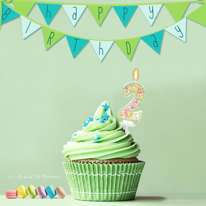 Birthday Candles - Number 2 Candle, Colorful Macaron Candles for Boys/Girls, Green Cake Decorations, Dinosaur Themed Party Supplies