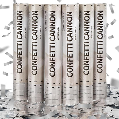 Silver Confetti Poppers Cannon, 6 Pack WERISE Party Mylar Silver Confetti Shooters for Wedding, Birthday, Graduation, New Year and Celebration 12 Inch