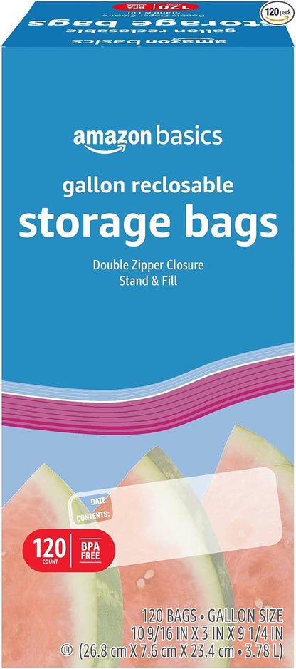 Amazon Basics Reclosable Gallon Food Storage Bags with Double Zipper Seal, Stand and Fill Base, BPA Free, 120 Count