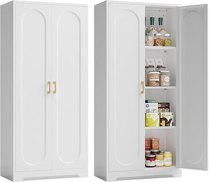 Metal Storage Cabinet with 3 Adjustable Shelves, 60" Tall Kitchen Storage Cabinet with Gold Handles, White Pantry Cabinets for Kitchen, Living Room, Hallway - Assembly Required
