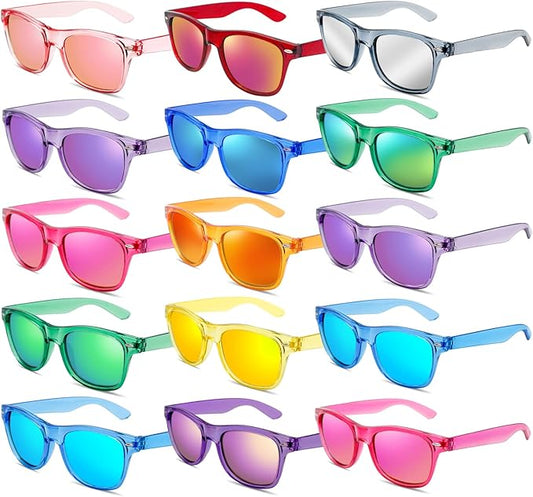 15 Pack Neon Party Favors Sunglasses Bulk, Retro Colorful Mirror Lens Sunglasses 80s 90s Party Glasses