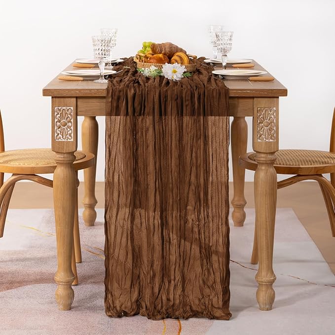 MLMC 3 Pack Brown Table Runner 10ft Boho Rustic Gauze Coffee Cheesecloth Table Runner Neutral Winter Decor 35x120 Inches for Wedding Bridal Shower Reception Party Decor
