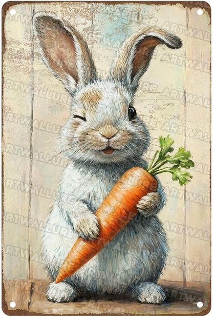 Charming Easter Bunny Metal Sign Vintage Bunny Carrots Rustic Farmhouse Wall Art For Spring Home Decor Living Room Bedroom Kitchen 8x12Inch