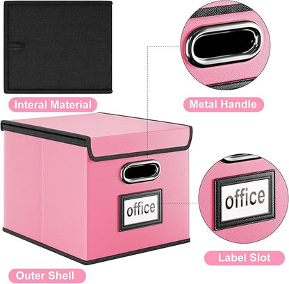 Huolewa Portable Leather File Organizer Boxes with Lids, Office Document Boxes Organizer, Filing Boxes, Decorative Small File Boxes for Hanging Files, File Cabinet for Office/Home - 4 Pack