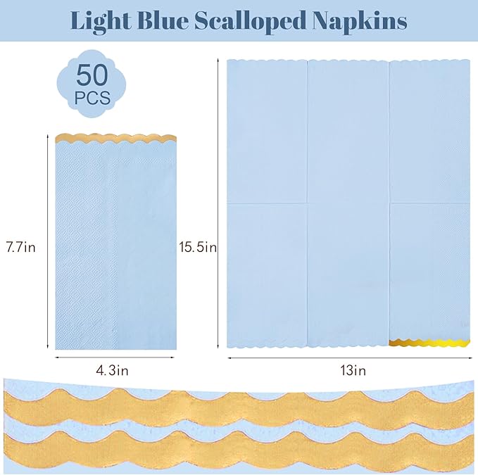 50 Pack Dinner Napkins Paper Decorative, Gold Foil Scalloped Edged Guest Napkins Disposable for Wedding, Shower Baby, Birthday Parties Supplies (4 x 8 In, Blue)