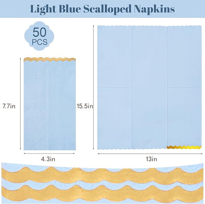 50 Pack Dinner Napkins Paper Decorative, Gold Foil Scalloped Edged Guest Napkins Disposable for Wedding, Shower Baby, Birthday Parties Supplies (4 x 8 In, Blue)