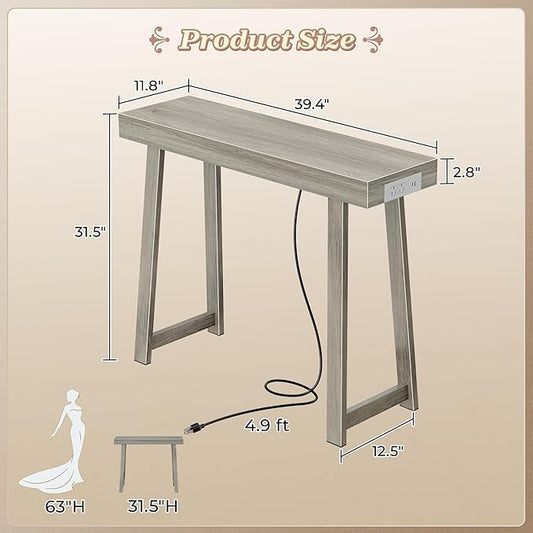Huuger Entryway Console Table with Charging Station, USB-C Port, 39.4 Inch Sofa Table with Metal Legs, Entry Hallway Table with Thicker Desktop, Modern Behind Couch Table, Grey