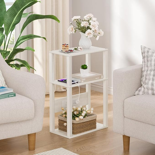 3 Tier Small Narrow Bamboo Side Table Set of 2 with Charging Station - Skinny Nightstand for Small Spaces, Slim Bedside Table with USB Ports and Outlets - Thin End Table with Storage, Grey White