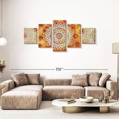 ElephantStock - Sun Like Mandala Symbols Wall Art - Horizontal Multi Panel Canvas - 5 Piece Living Room Wall Decor - Digital Art Elements Multi Piece Wall Art - Orange And Blue Decor - 80" x 36"