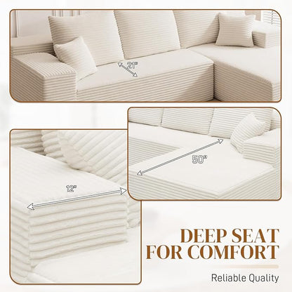 108" L Shaped Boneless Sectional Couches for Living Room, Comfy Corduroy Floor Cloud Sofa with Chaise, Wide Armrest, Deep Seat, Memory Foam, Assembly Free, Ideal for Small Spaces, White