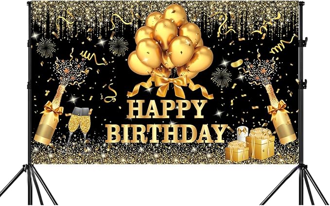 YinQin 180x120 cm Glitter Golden Black Happy Birthday Backdrops Banners Cloth 71x47 inch Bday Party Photography Backgrounds Shiny Black Gold Happy Birthday Sign Party Decorations for Girl Women