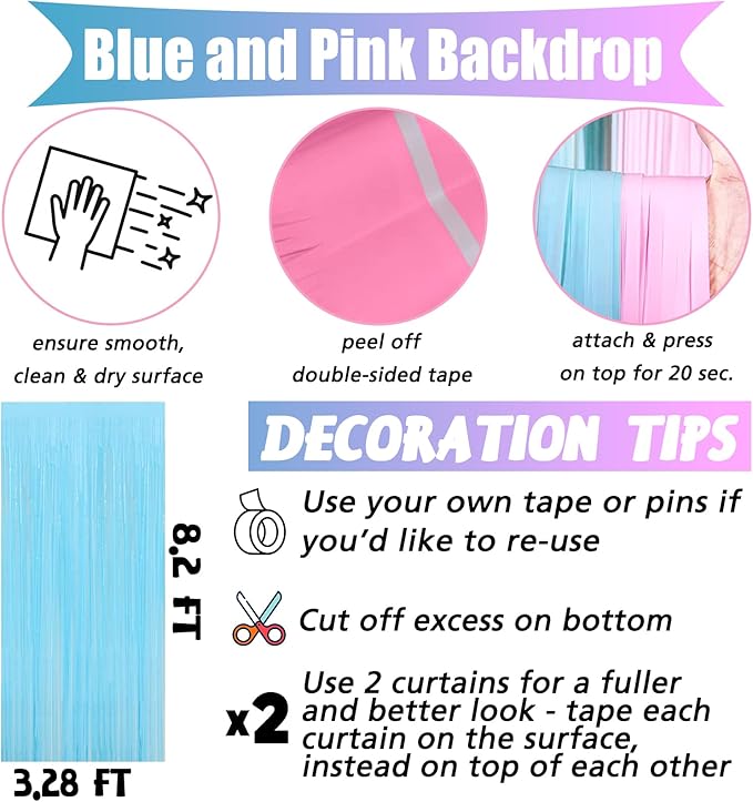 4 Pack 3.2Ft x 8.2Ft Pink Blue Fringe Curtain Backdrop, Metallic Tinsel Foil Fringe Streamers Curtains Background for Photo Booth Wedding Gender Reveal Backdrop Boy or Girl Birthday Party Decoration
