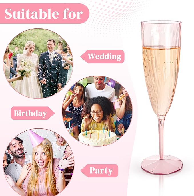 WDF 36PCS Pink Champagne Flutes Plastic - 6OZ Pink Disposable Champagne Flutes Party Supplies for Wedding/Birthday/Parties