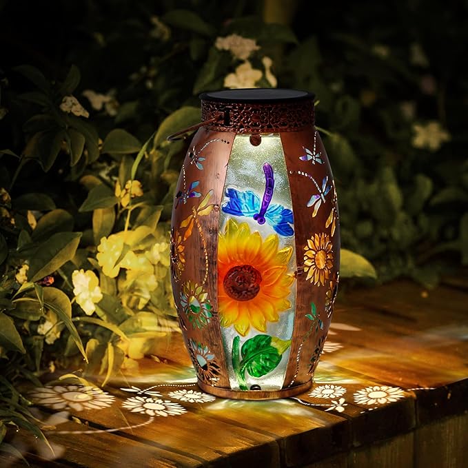 Solar Lanterns Outdoor Hanging Lights Decor Dragonfly Lantern Waterproof Metal LED Sunflower Light Decorative Garden,Yard,Patio,Lawn,Gifts for Women Mom