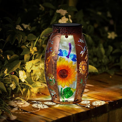 Solar Lanterns Outdoor Hanging Lights Decor Dragonfly Lantern Waterproof Metal LED Sunflower Light Decorative Garden,Yard,Patio,Lawn,Gifts for Women Mom