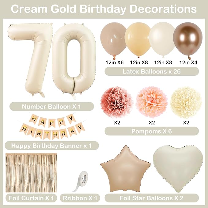 Beige 70th Birthday Decorations for Women Cream Number 70 Balloon Nude Gold Happy Birthday Banner Fringe Curtain Paper Pom Poms Blush White Sand Champagne Star Foil Balloons Neutral Boho Party Decor