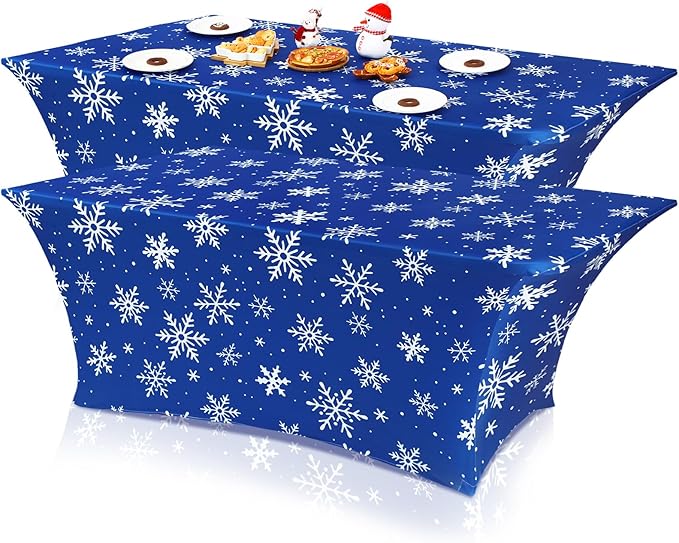 Oudain 2 Pcs Christmas Snowflake Stretch Table Cover 6 Feet Snowflake Xmas Spandex Table Clothes Christmas Trees Party Decorations for Holiday Party Celebration Picnic Dinner Decor