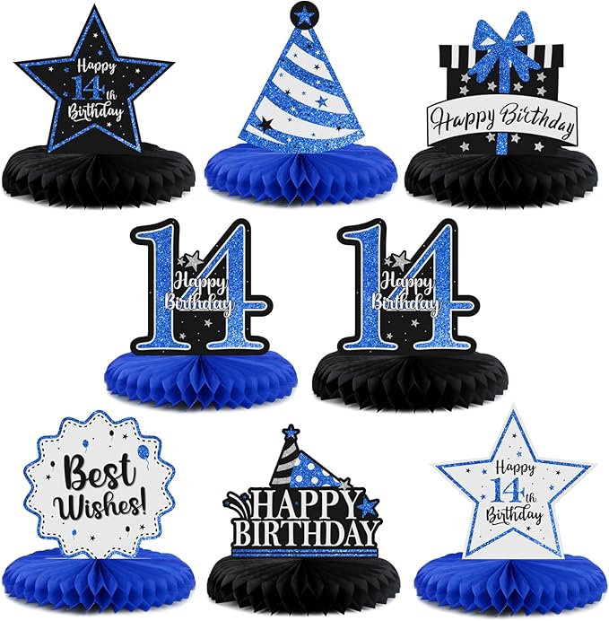 Happy 14th Birthday Decorations,14th Birthday Blue Glitter Shiny Stand Honeycomb Table Centerpieces - Cheers to Fourteen Years Old Birthday Party Photoprop Gift Sign.