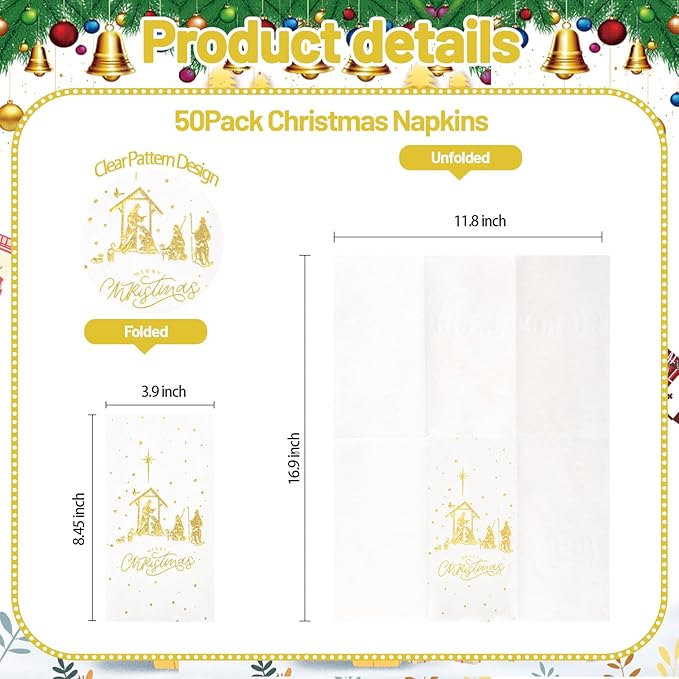50 Pack Christmas Nativity Paper Napkins Scene - The Birth of Jesus Scene Dinner Napkins - Disposable White Gold Paper Napkin Hand Towels for Dinner Holiday Xmas Party Christmas Eve Decor