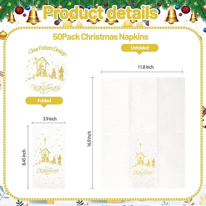 50 Pack Christmas Nativity Paper Napkins Scene - The Birth of Jesus Scene Dinner Napkins - Disposable White Gold Paper Napkin Hand Towels for Dinner Holiday Xmas Party Christmas Eve Decor