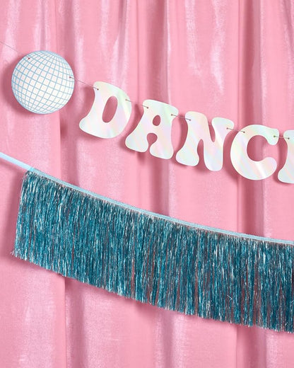 xo, Fetti Dancing Queen Fringe Banner - Iridescent & Blue Fringe, 5 Ft. | Disco Bachelorette Decorations, 70s Backdrop, Groovy Birthday Party, Boogie Bach Backdrop