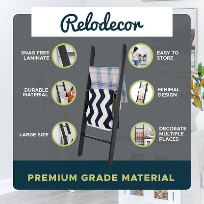 Blanket Ladder for Living Room and Bedroom, 4ft 4-Tier Wall Leaning Laminate Snag Free Construction (Black) Rustic Decorative Farmhouse Blanket Storage, Quilt Rack, Ladder Shelf, Easy Assembly