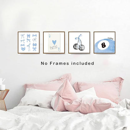 okaxscm Light Blue Coquette Trendy Preppy Wall Art Prints Set of 4, Coquette Preppy Room Decor, Blue Bow Disco 8 Ball Cherry Wall Decor Posters for Girls Bedroom Dorm, 10x10 Unframed
